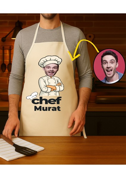 Kişiye Özel Karikatür Fotoğraflı ve Isimli Mutfak Önlüğü Chef Tasarımlı 1