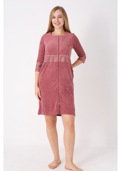 Kiremit Fermuarlı Dantelli Cepli Pamuklu Havlu Truvakar Kollu Elbise
