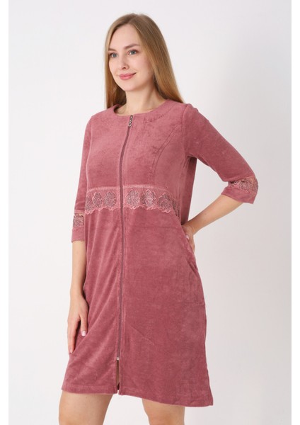 Kiremit Fermuarlı Dantelli Cepli Pamuklu Havlu Truvakar Kollu Elbise modelleri