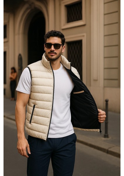 Erkek Kışlık Premium Basic Astarlı Krem Şişme Yelek