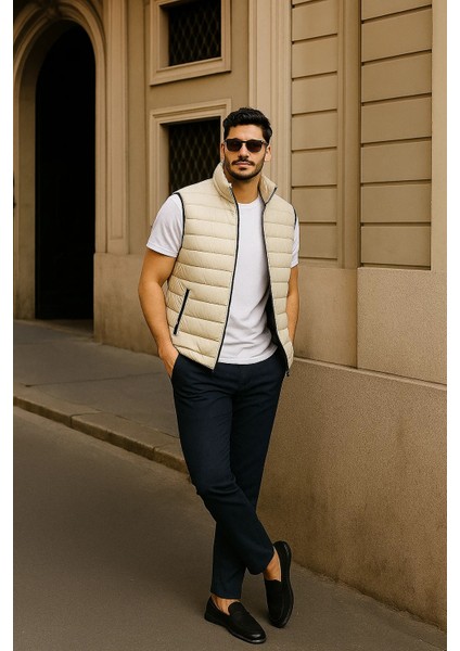 Erkek Kışlık Premium Basic Astarlı Krem Şişme Yelek modelleri