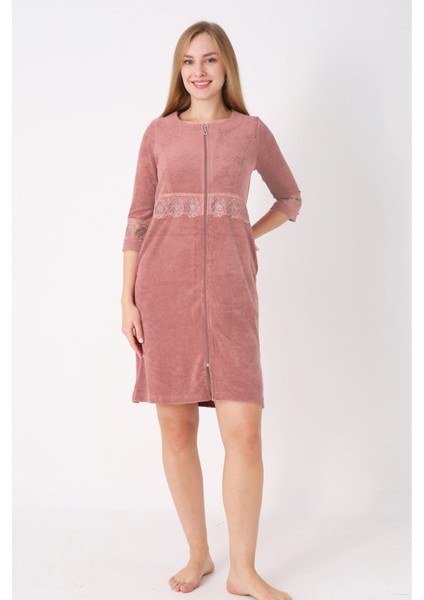 Kiremit Fermuarlı Dantelli Cepli Pamuklu Havlu Truvakar Kollu Elbise