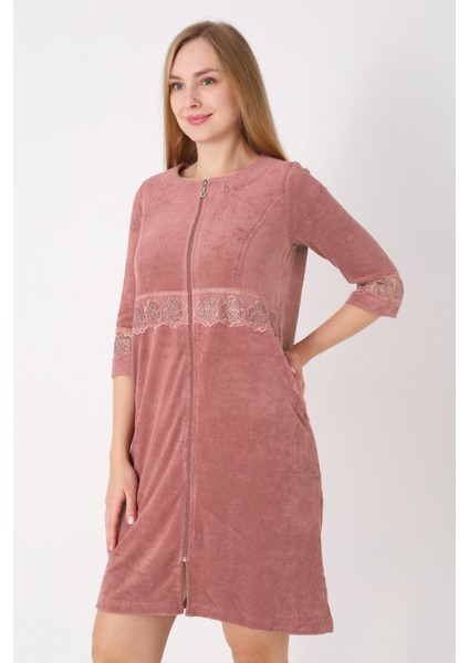 Kiremit Fermuarlı Dantelli Cepli Pamuklu Havlu Truvakar Kollu Elbise modelleri