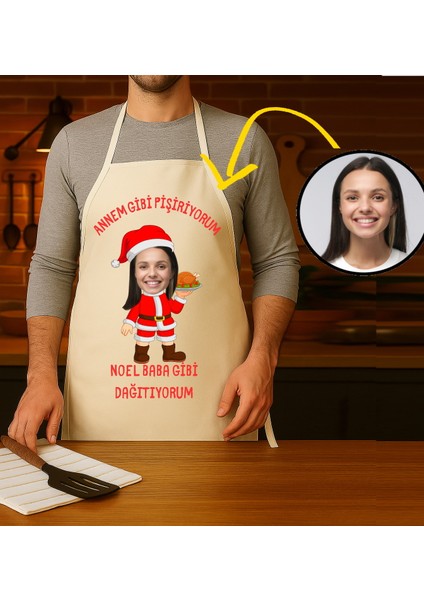 Kişiye Özel Karikatür Fotoğraflı Mutfak Önlüğü Noel Baba Gibi Dağıtıyorum modelleri