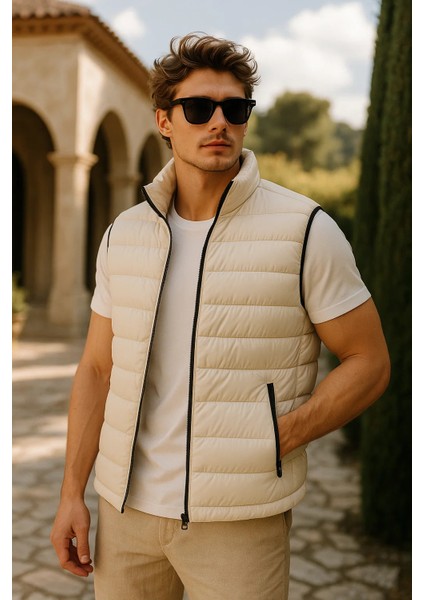 Erkek Kışlık Premium Trend Fermuarlı Krem Şişme Yelek