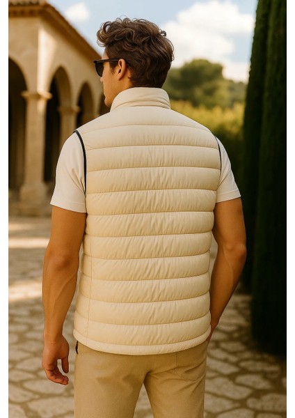 Erkek Kışlık Premium Trend Fermuarlı Krem Şişme Yelek