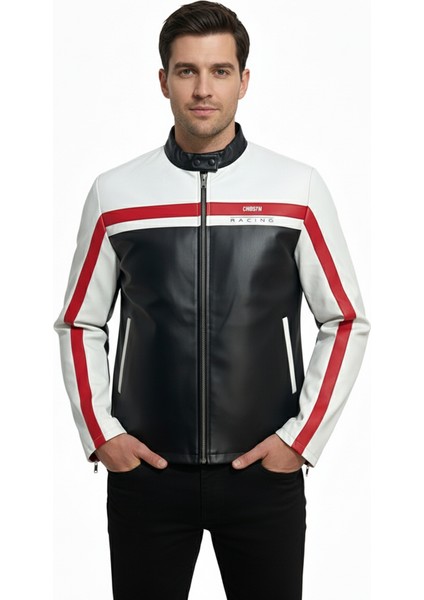 Erkek Şeritli Baskılı Deri Ceket Fermuarlı Mont