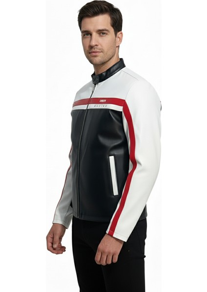 Erkek Şeritli Baskılı Deri Ceket Fermuarlı Mont fiyatları