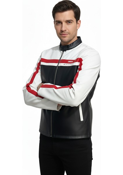 Erkek Şeritli Baskılı Deri Ceket Fermuarlı Mont modelleri