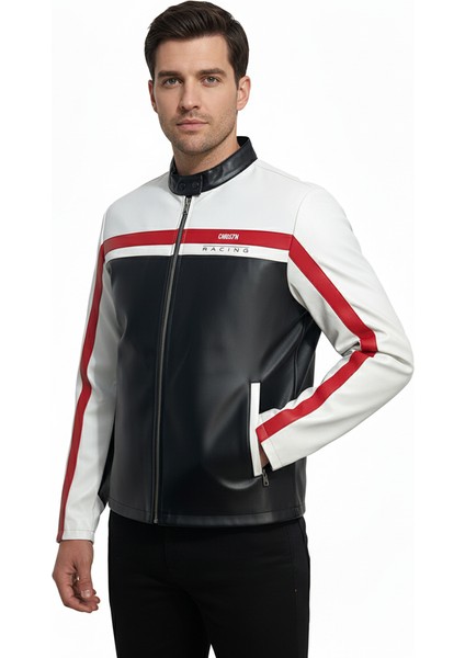 Erkek Şeritli Baskılı Deri Ceket Fermuarlı Mont fırsatları