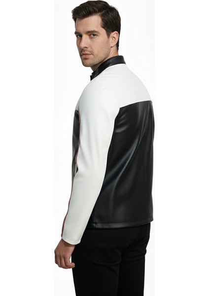 Erkek Şeritli Baskılı Deri Ceket Fermuarlı Mont