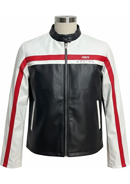 Erkek Şeritli Baskılı Deri Ceket Fermuarlı Mont