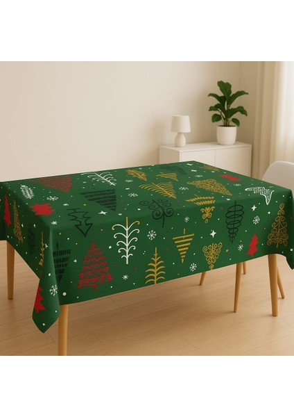 Yılbaşı Temalı Duck Keten Masa Örtüsü | Çam Ağacı Desenli, Leke Tutmaz, Dayanıklı Kumaş