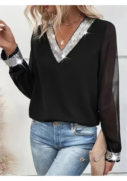 Kadın Uzun Kollu V Pulpayet Yakalı Ithal Krep Bluz