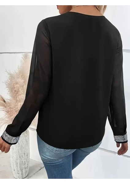 Kadın Uzun Kollu V Pulpayet Yakalı Ithal Krep Bluz indirimleri
