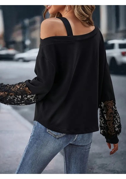 Kadın Uzun Kollu Tek Omuzu Açık Askılı Toka ve Dantel Detay Viskon Iki Iplik Bluz fiyatları