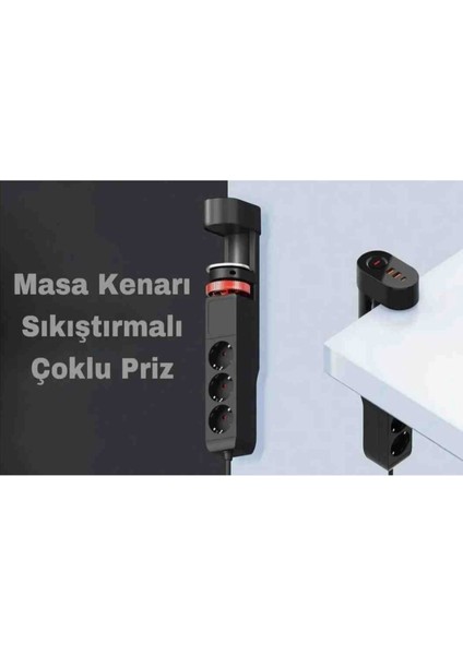 Termal Akım Korumalı Masa Kenarı Ayarlanabilir 3 Priz+2 Usb+1 Type-C Girişli 1.8m Uzatma Kablolu Hızlı Sarj