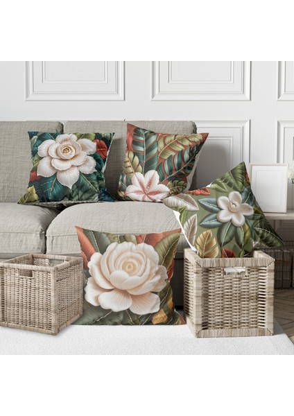 4 Lü Kombin Nakış Görünümlü 3 Boyutlu Renkli Gül ve Yaprak Desen Dijital Baskılı Kırlent Kılıfı