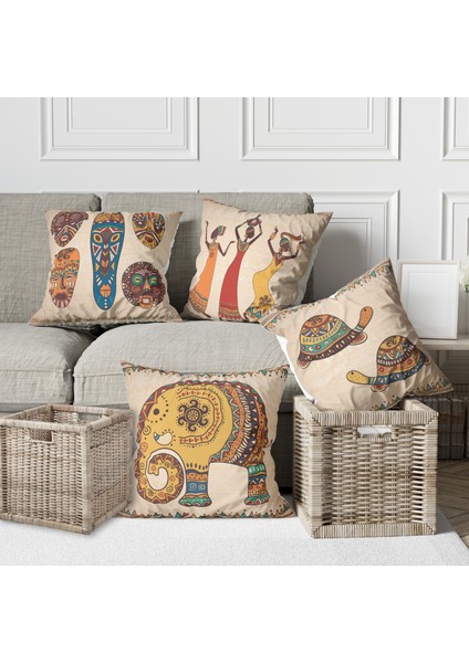 4 Lü Kombin Afrika Temalı Krem Zemin Hediyelik Dijital Baskılı Kırlent Kılıfları