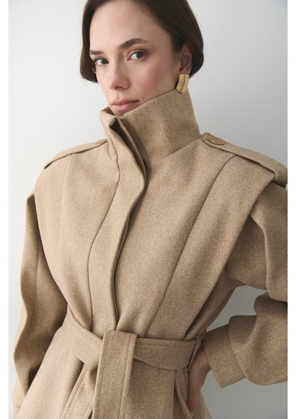 Bej Apoletli Vatkalı Kaşe Kaban - 1005 fiyatları