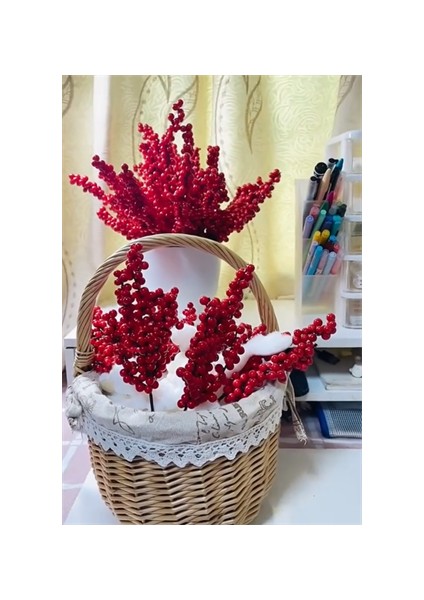 2 Adet Şık Kırmızı Yapay Meyve Dalları – 22 cm (8.66”) | Noel Ağacı Süsü, Dıy El Sanatları, Düğün & Ev Dekorasyonu, Tatil Parti Malzemeleri