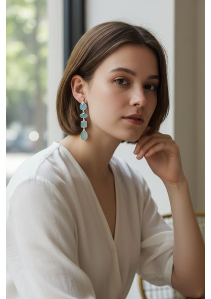 ​doğal Akuamarin Taşlı Sallantılı Gümüş Küpe - Geometrik Kesim fiyatları