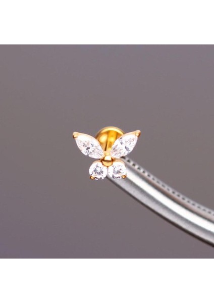 %100 G23 Titanyum Zirkon Baget Taşlı Pırlanta Model Kelebek Detay Kıkırdak Conch Tragus Piercing