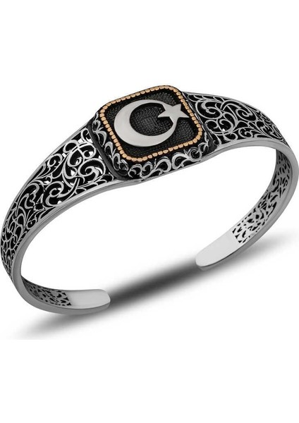 Hk Gümüş Erkek Bileklik Ay Yıldız Ayarlanabilir Kelepçe |Gümüş Takı Hediyelik Ürünler