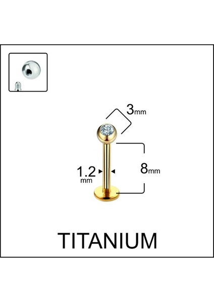 %100 G23 Titanyum Tek Taş Kristal Top 3mm x 8mm x 1.2mm Altın Titanyum Labret Piercing