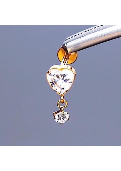 %100 G23 Titanyum Zirkon Tek Taşlı Kalp Sallantılı Detay Pırlanta Model Kıkırdak Conch Tragus Piercing