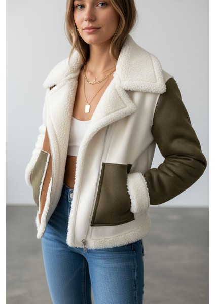 Kadın Peluş Detaylı Kaban – Beyaz/k Haki Renk, Fermuarlı, Şık Kışlık Mont