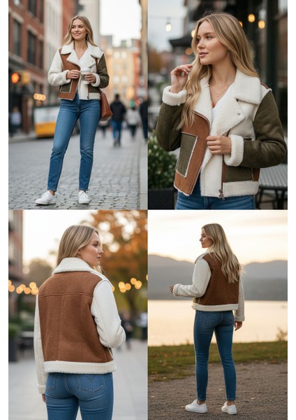 Kadın Peluş Detaylı Kaban – Beyaz/k Haki Renk, Fermuarlı, Şık Kışlık Mont fırsatları