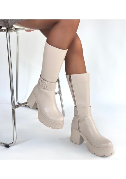 Moki Bej Cilt Topuklu Çizme - Lisinya fırsatları