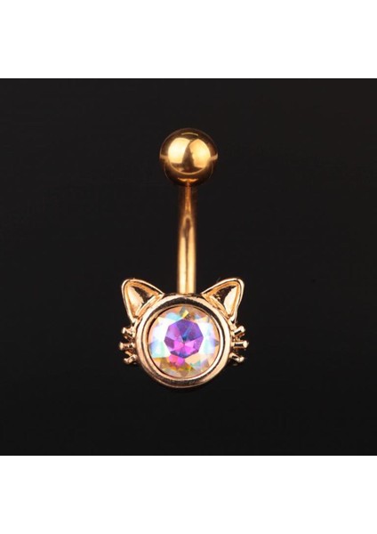 316 L Cerrahi Çelik Göbek Piercingi Kedi Detaylı Piercing Zirkon Taşlı Kedi Piercing