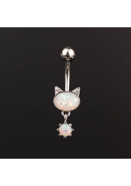 316 L Cerrahi Çelik Göbek Piercingi Sallantılı Kedi Detaylı Piercing Zirkon Taşlı Kedi Piercing