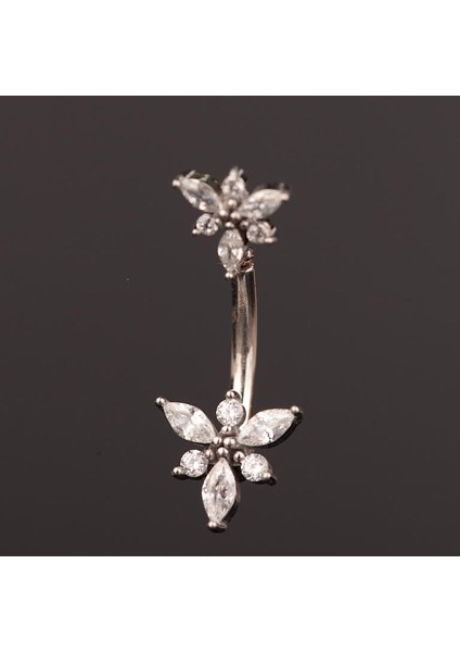 316 L Cerrahi Çelik Göbek Piercingi Çiçek Detaylı Piercing Zirkon Taşlı Çiçek Piercing