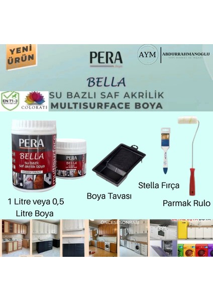 Bella Su Bazlı Saf Akrilik Hobi Boyası 4 Parça Set 0,5 Litre Boya - Boya Tavası - Stella İpek Fırça - Parmak Rulo (Fayans-Mermer-Tezgah-Kapı-Dolap-Iç Cephe-Dönüşüm-Mutfak-Banyo-Plastik-Ahşap)