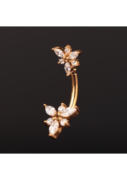 316 L Cerrahi Çelik Göbek Piercingi Çiçek Detaylı Piercing Zirkon Taşlı Çiçek Piercing