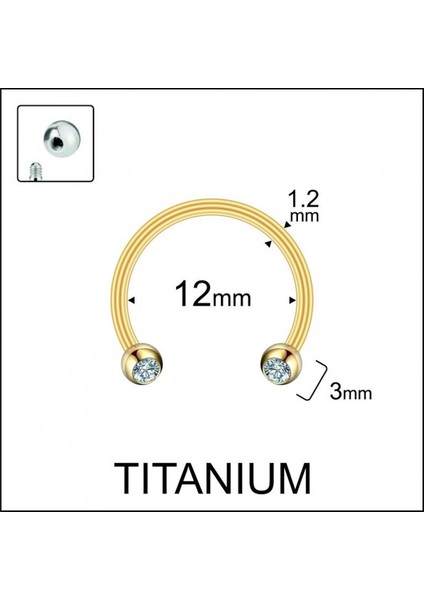 %100 G23 Titanyum Çift Taş Kristal Top 3mm x 12MM x 1.2mm Titanyum Halka Piercing