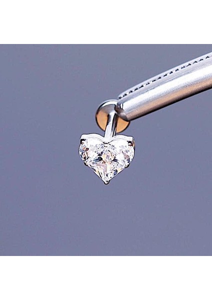 %100 G23 Titanyum Zirkon Tek Taşlı Kalp Detay Pırlanta Model Kıkırdak Conch Tragus Labret Piercing