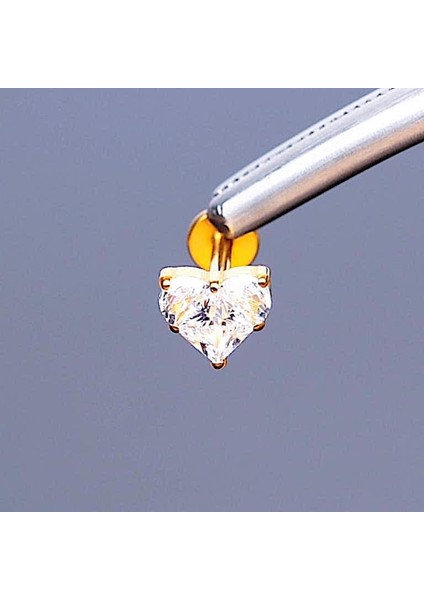 %100 G23 Titanyum Zirkon Tek Taşlı Kalp Detay Pırlanta Model Kıkırdak Conch Tragus Labret Piercing