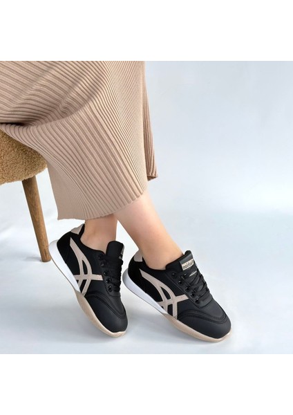 Zlay Siyah Cilt Bej Detaylı Bağcıklı Spor Ayakkabı - Lisinya fırsatları