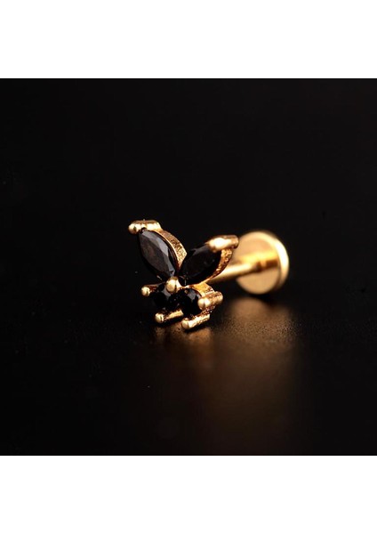 316 L Cerrahi Çelik Kelebek Siyah Zirkon Altın Tragus Helix Piercing