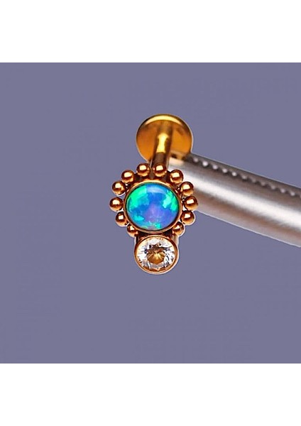 %100 G23 Titanyum Güneş Mavi Opal Zirkon Altın Titanyum 6x1.2mm Labret Piercing