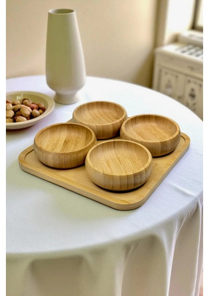4'lü Doğal Bambu 4'lü Yuvarlak Bölmeli Çerezlik Seti Sunumluk Servis Tabağı Atıştırmalık Kase