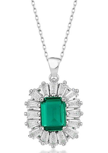 Hk Gümüş Kadın Kolye Elmas Montür Zümrüt Taşlı |Gümüş Takı Hediyelik Ürünler