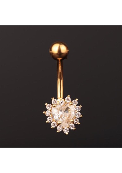 316 L Cerrahi Çelik Göbek Piercingi Kalp Detaylı Piercing Zirkon Taşlı Kalp