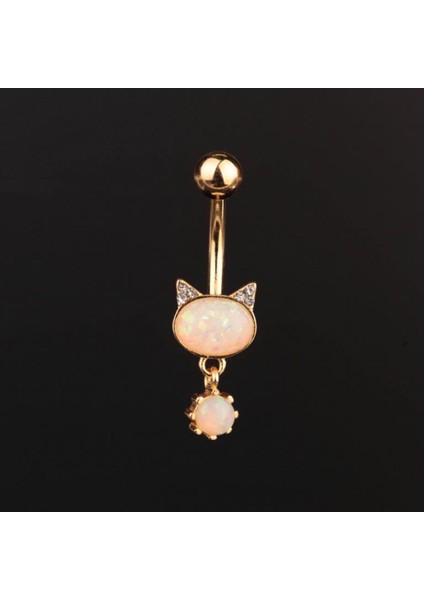 316 L Cerrahi Çelik Göbek Piercingi Sallantılı Kedi Detaylı Piercing Zirkon Taşlı Kedi Piercing