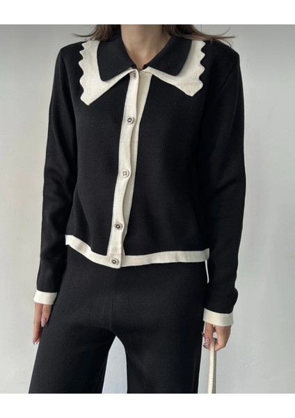 Siyah Ekru Detaylı Triko Ikili Takım - Geniş Yakalı Kontrast Detaylı - Ikili Takım