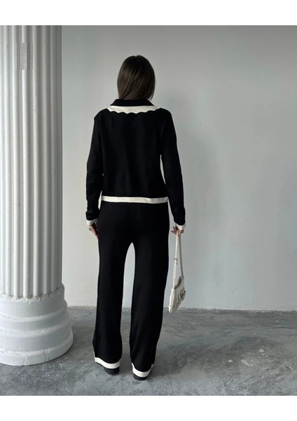 Siyah Ekru Detaylı Triko Ikili Takım - Geniş Yakalı Kontrast Detaylı - Ikili Takım fiyatları